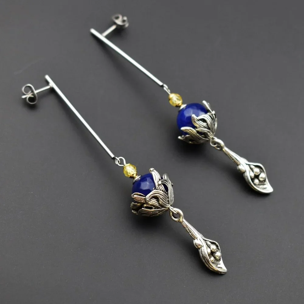 Long massive earrings silver tone, unusual floral dangles